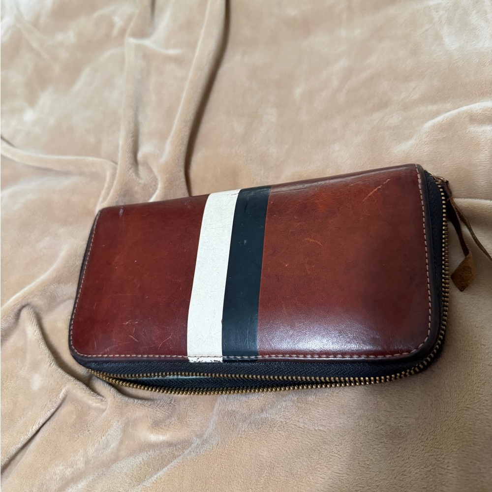 Clare V Brown Leather Zip Around Wallet with Black and White Stripes